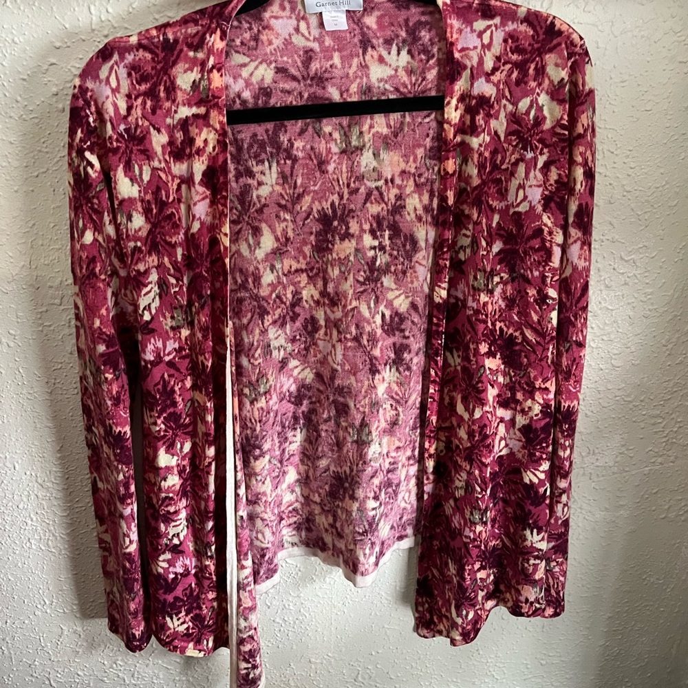Garnet Hill 100% Merino Wool Open Front Print Cardigan M